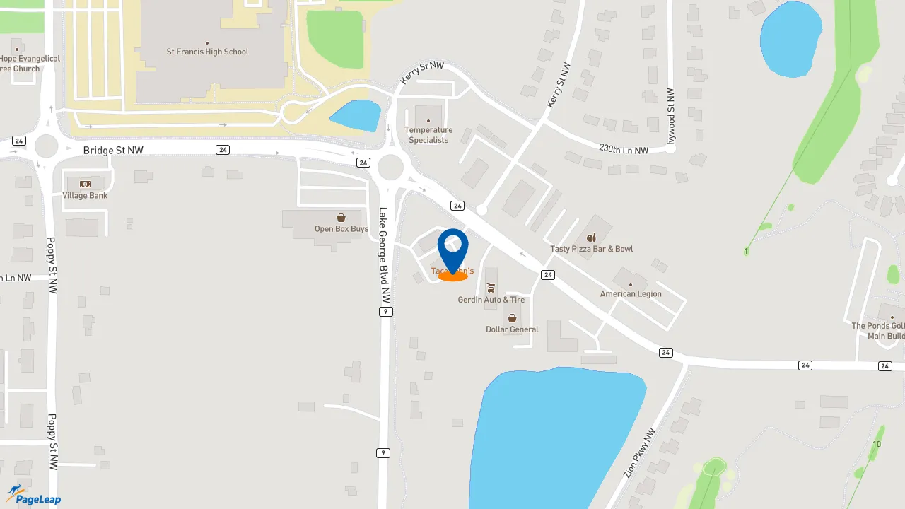 https://pageleap.com map showing location of Taco John&#039;s in St Francis.