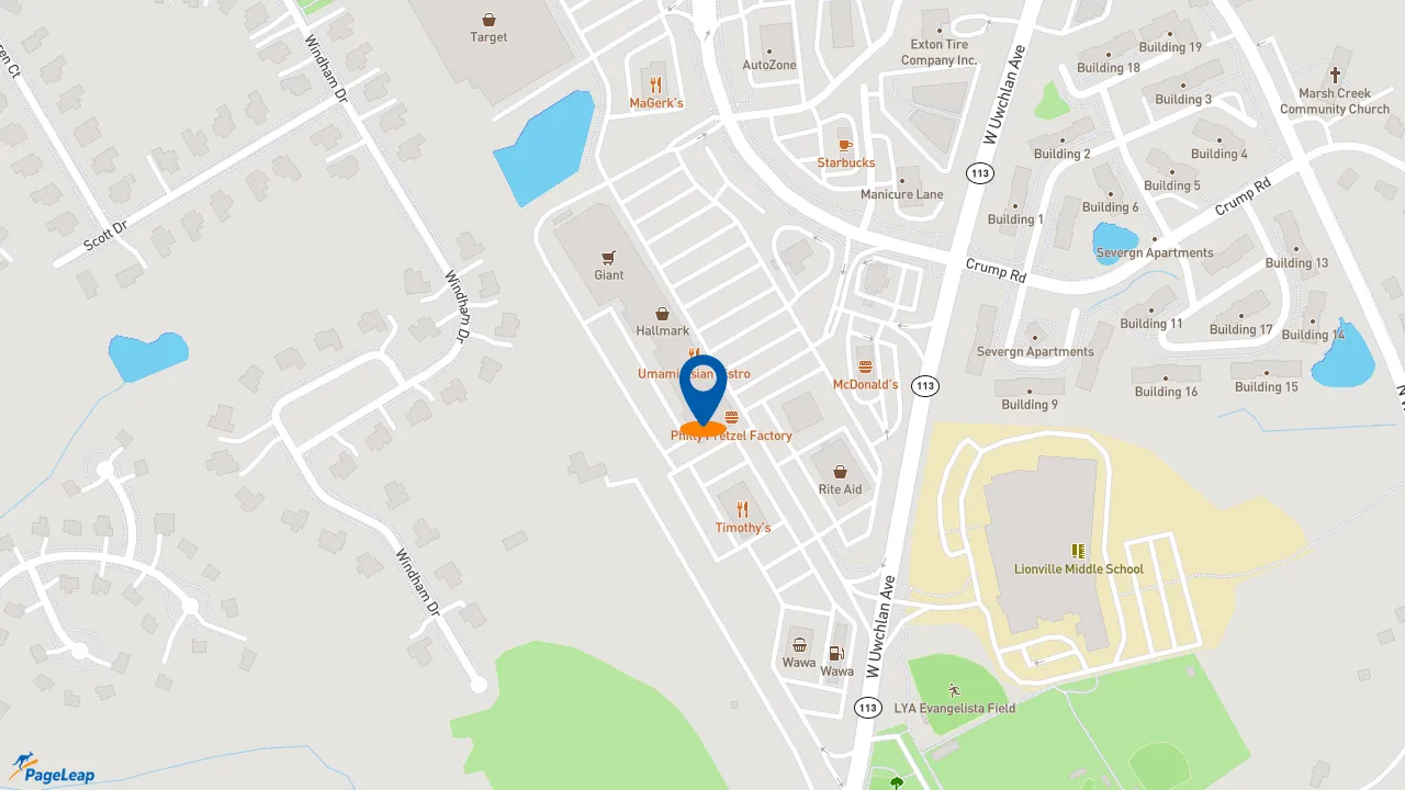 https://pageleap.com map showing location of The Honey Baked Ham Company in Exton.