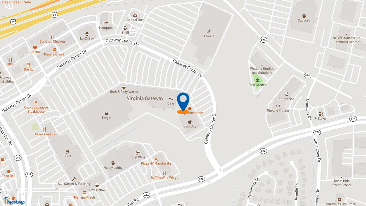 https://pageleap.com map showing location of The Honey Baked Ham Company in Gainesville.
