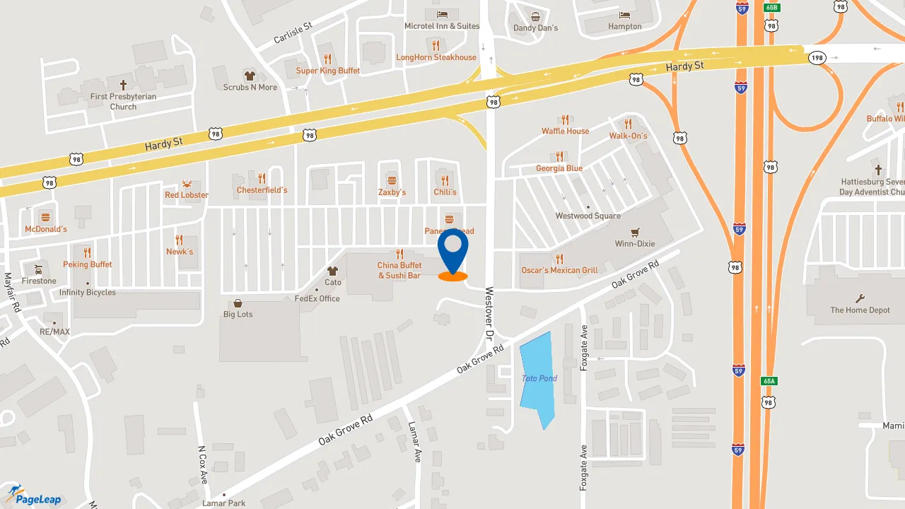 https://pageleap.com map showing location of The Honey Baked Ham Company in Hattiesburg.