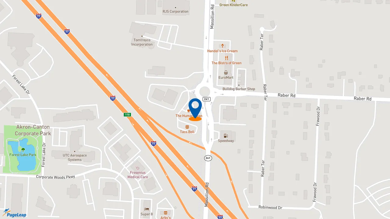 https://pageleap.com map showing location of The Human Bean in Green.