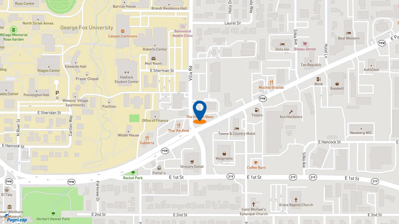 https://pageleap.com map showing location of The Human Bean in Newberg.