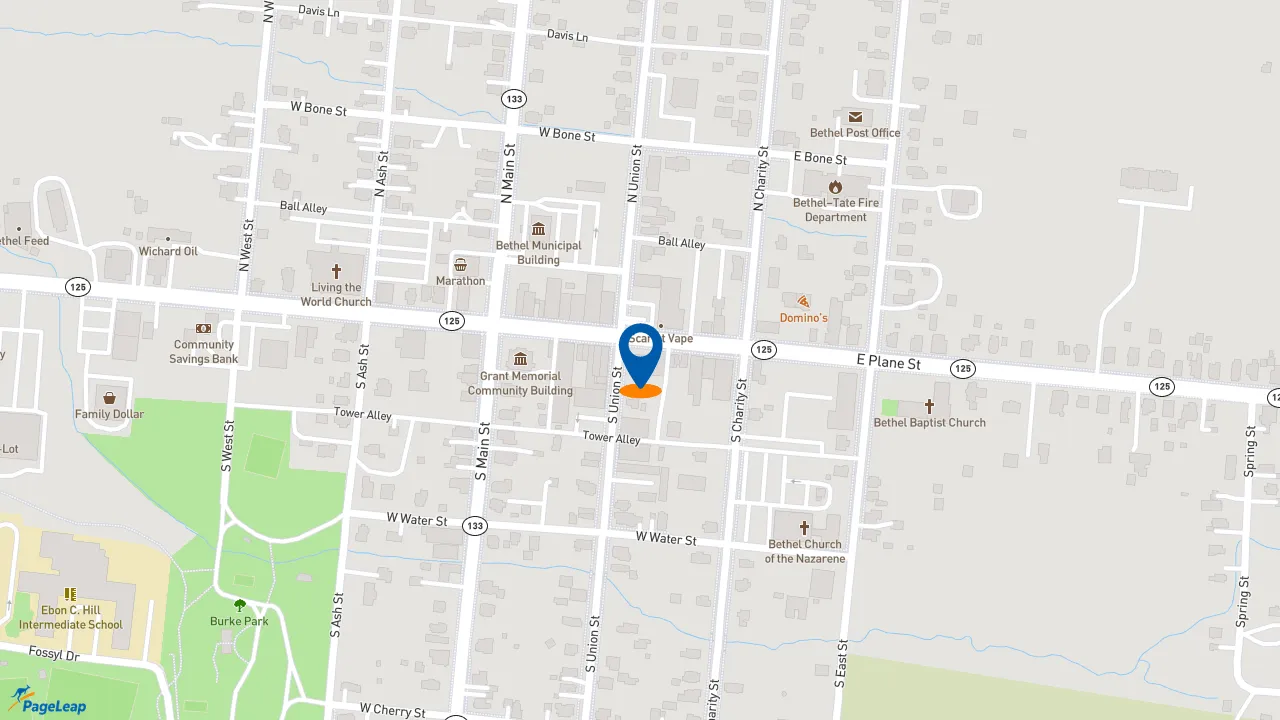 https://pageleap.com map showing location of The Plane Street Coffee House &amp; Cafe in Bethel.
