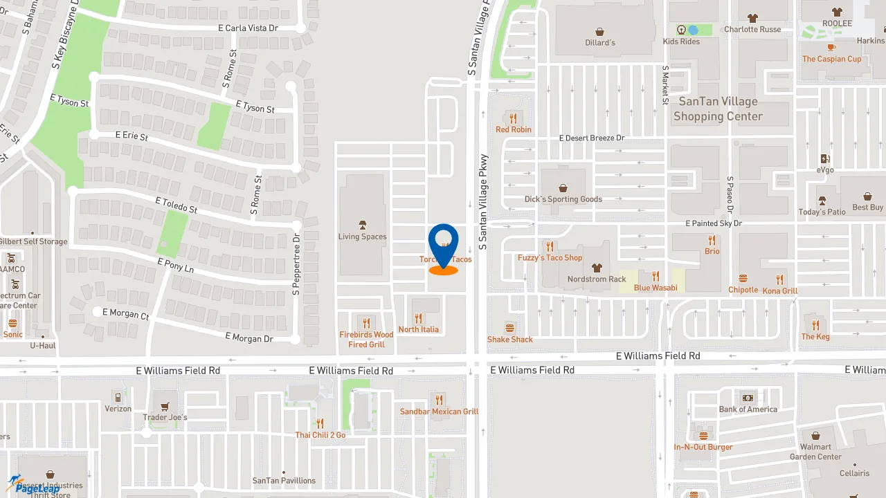 https://pageleap.com map showing location of Torchy&#039;s Tacos Gilbert - San Tan Village in Gilbert.
