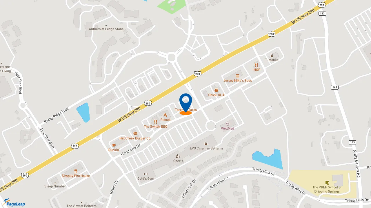 https://pageleap.com map showing location of Torchy&#039;s Tacos in Dripping Springs.