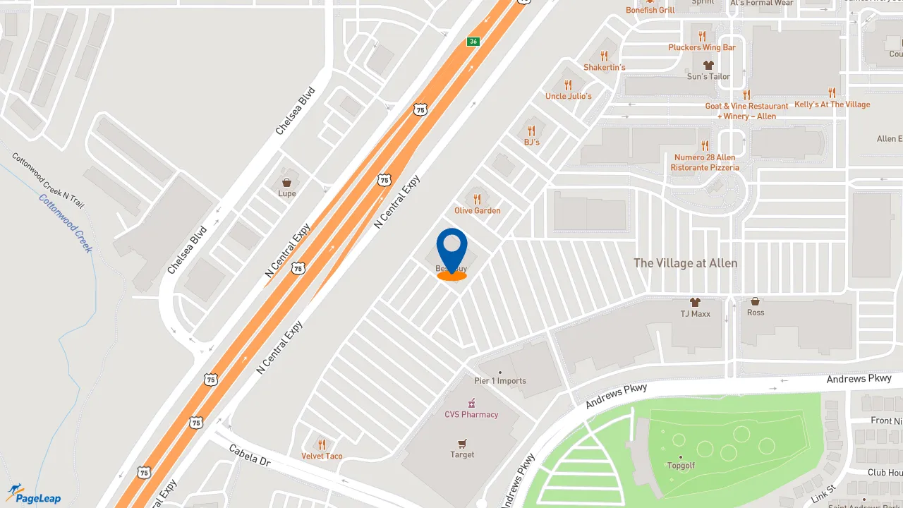 https://pageleap.com map showing location of Uncle Julio&#039;s Allen in Allen.