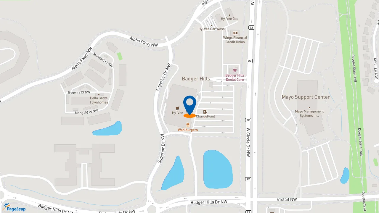 https://pageleap.com map showing location of Wahlburgers @ Hy-Vee in Rochester.