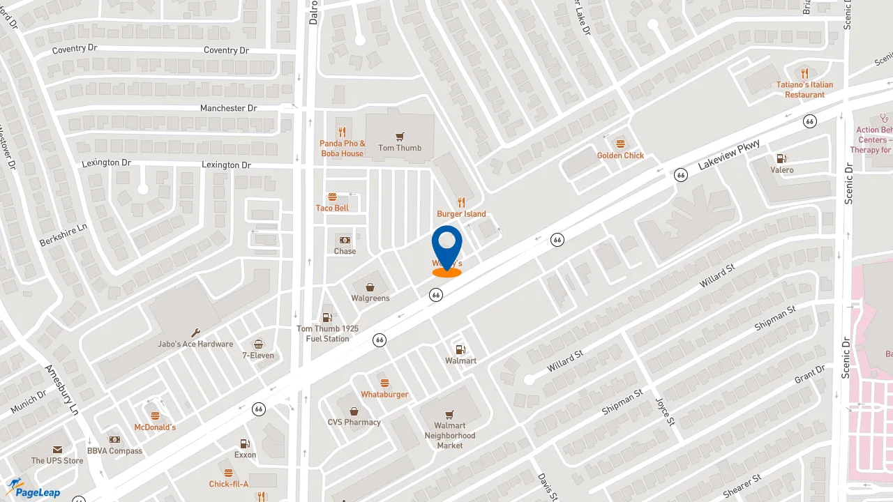https://pageleap.com map showing location of Wendy&#039;s in Rowlett.