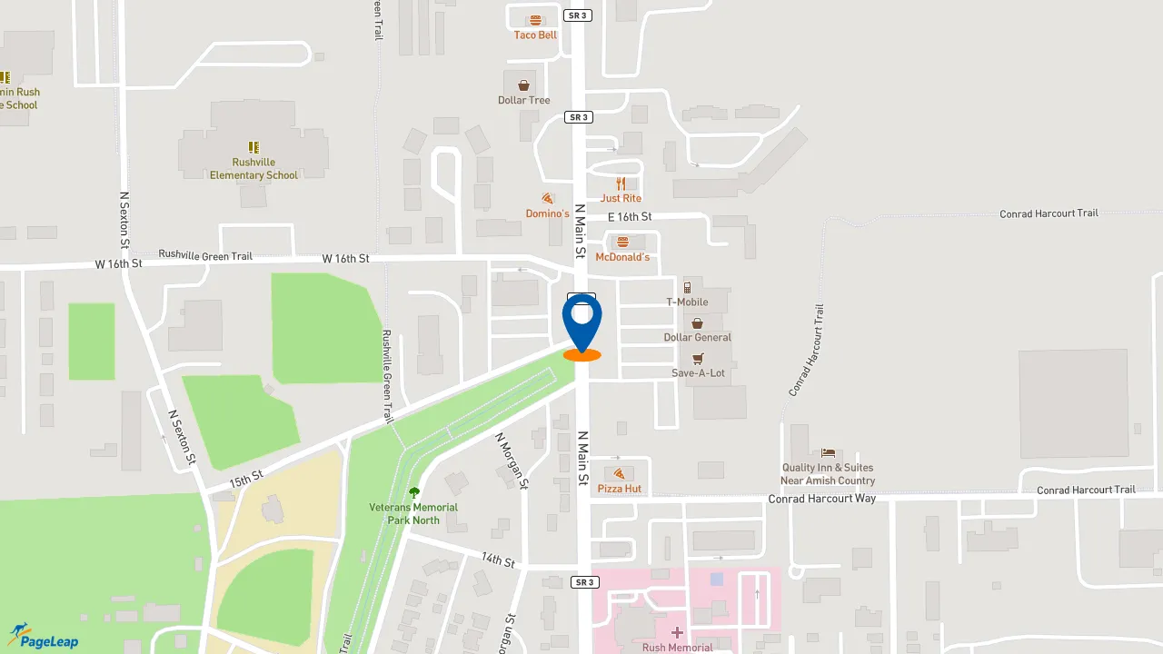 https://pageleap.com map showing location of Wendy&#039;s in Rushville.
