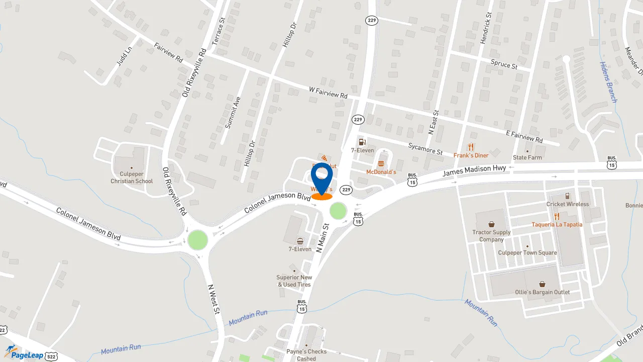 https://pageleap.com map showing location of Wendy&#039;s in Culpeper.