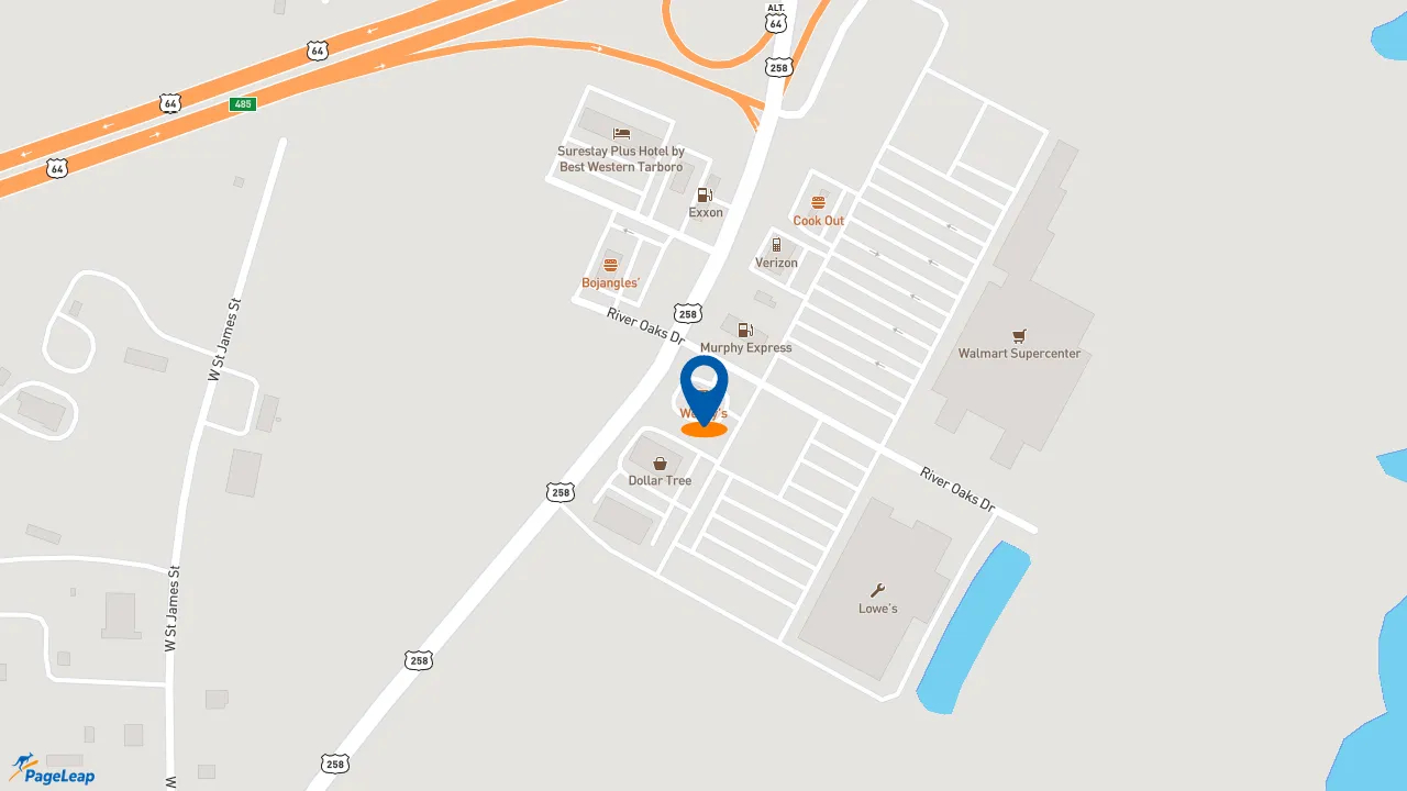 https://pageleap.com map showing location of Wendy&#039;s in Tarboro.