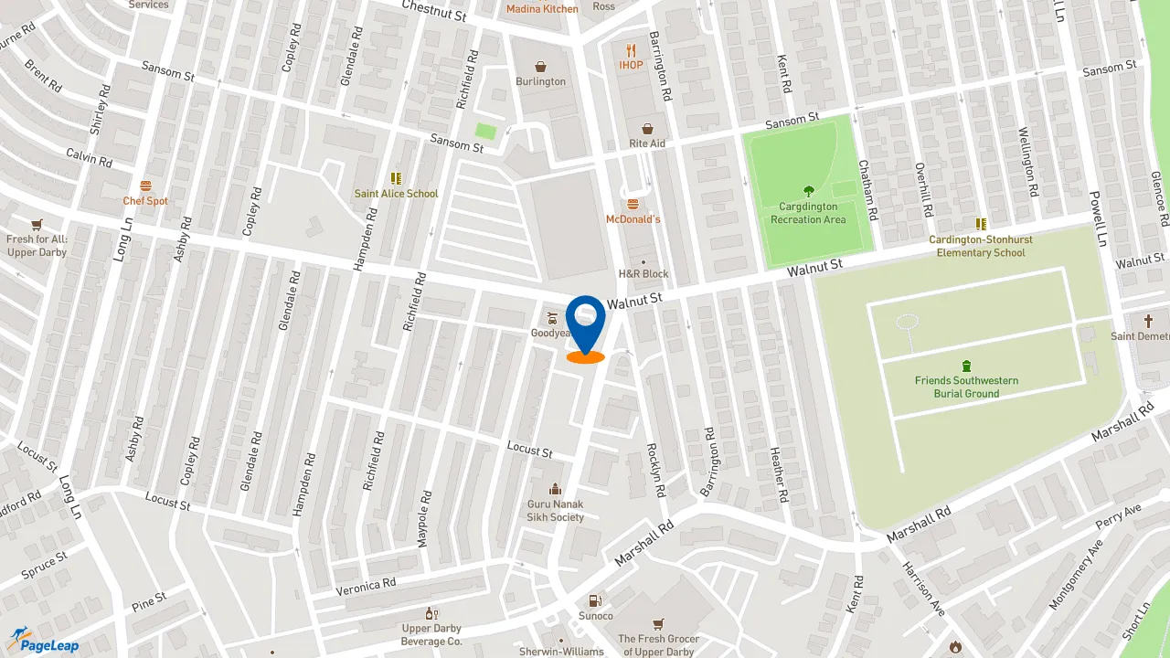 https://pageleap.com map showing location of Wendy&#039;s in Upper Darby.