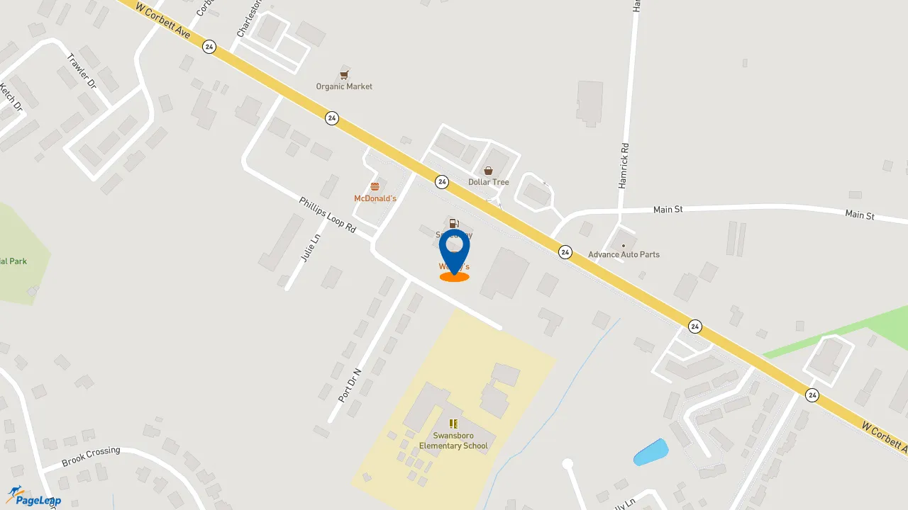 https://pageleap.com map showing location of Wendy&#039;s in Swansboro.