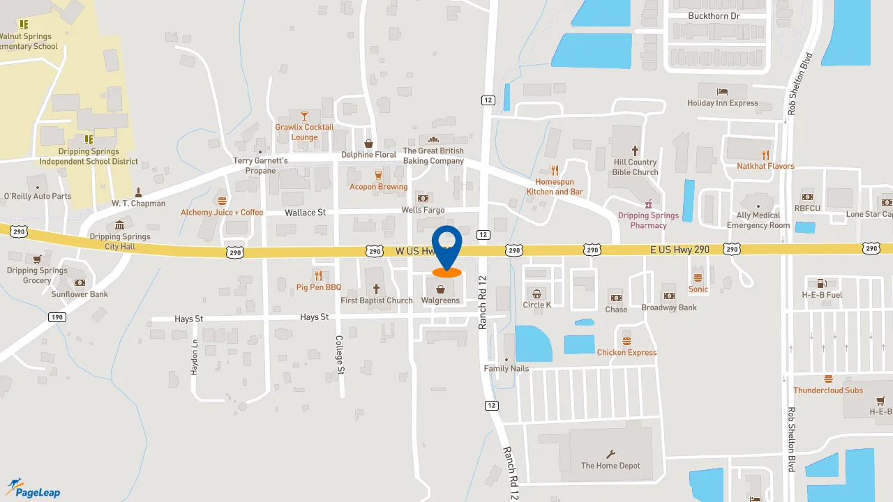 https://pageleap.com map showing location of Whataburger in Dripping Springs.