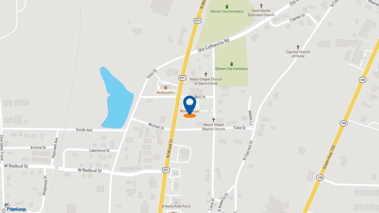 https://pageleap.com map showing location of Whataburger in Gilmer.