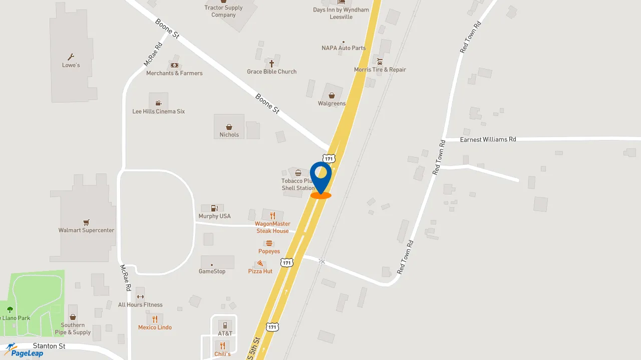 https://pageleap.com map showing location of Whataburger in Leesville.
