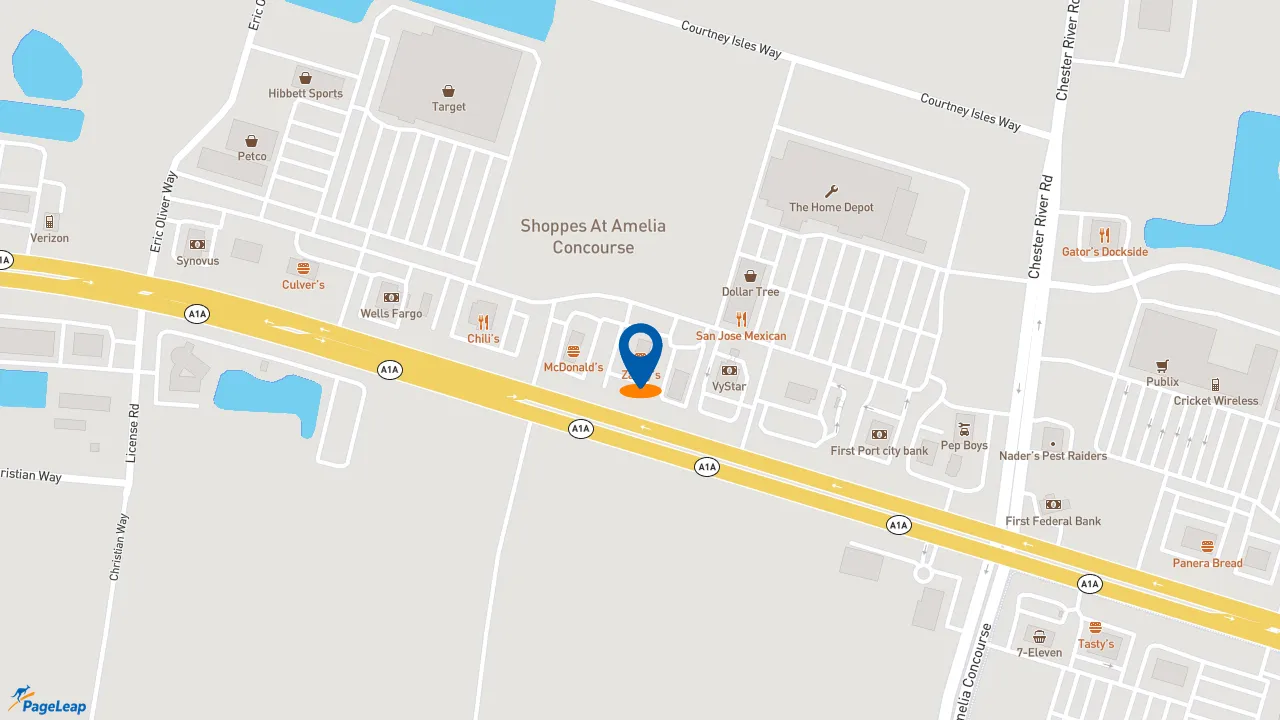 https://pageleap.com map showing location of Zaxby&#039;s Chicken Fingers &amp; Buffalo Wings in Yulee.