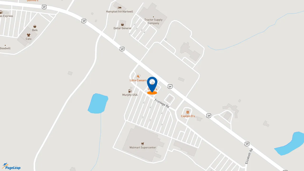 https://pageleap.com map showing location of Zaxby&#039;s Chicken Fingers &amp; Buffalo Wings in Hartwell.