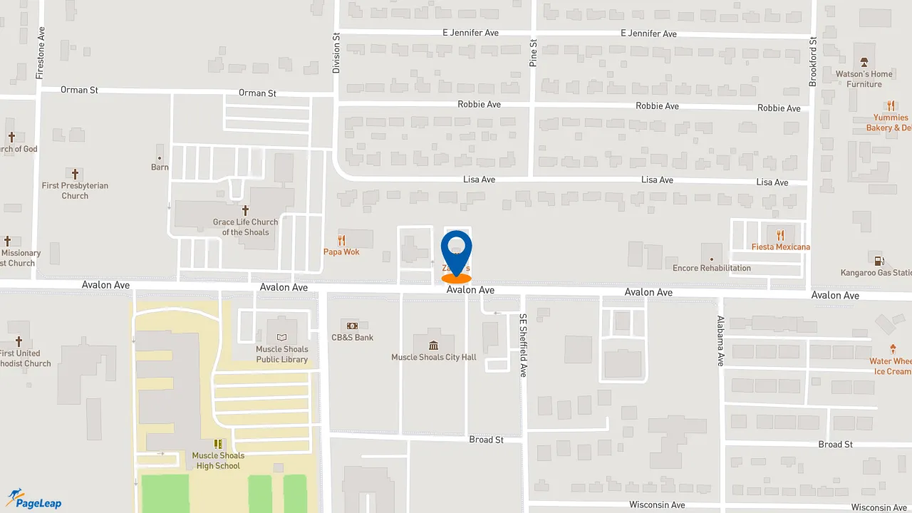 PageLeap.com map showing location of Zaxby's Chicken Fingers & Buffalo Wings in Muscle Shoals.