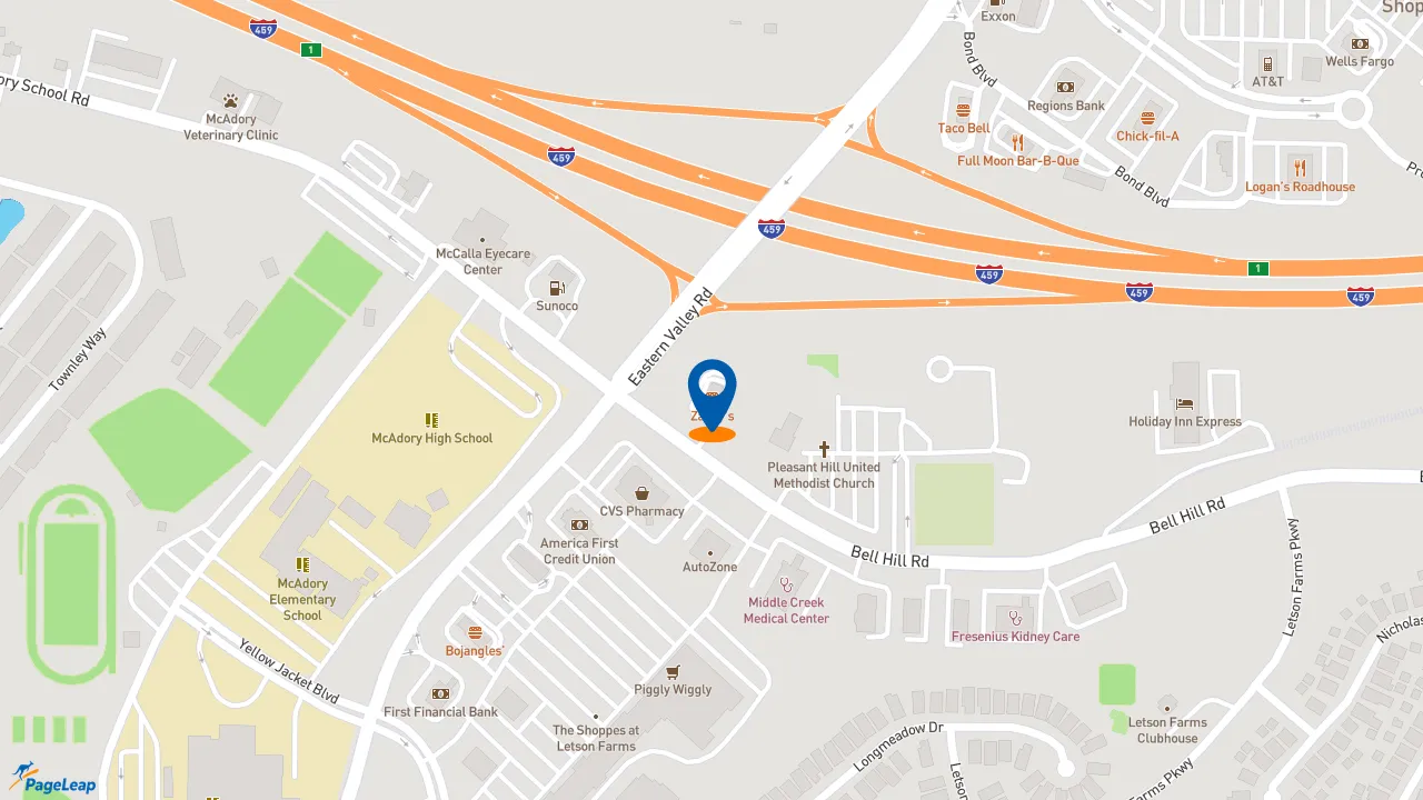 https://pageleap.com map showing location of Zaxby&#039;s Chicken Fingers &amp; Buffalo Wings in Bessemer.