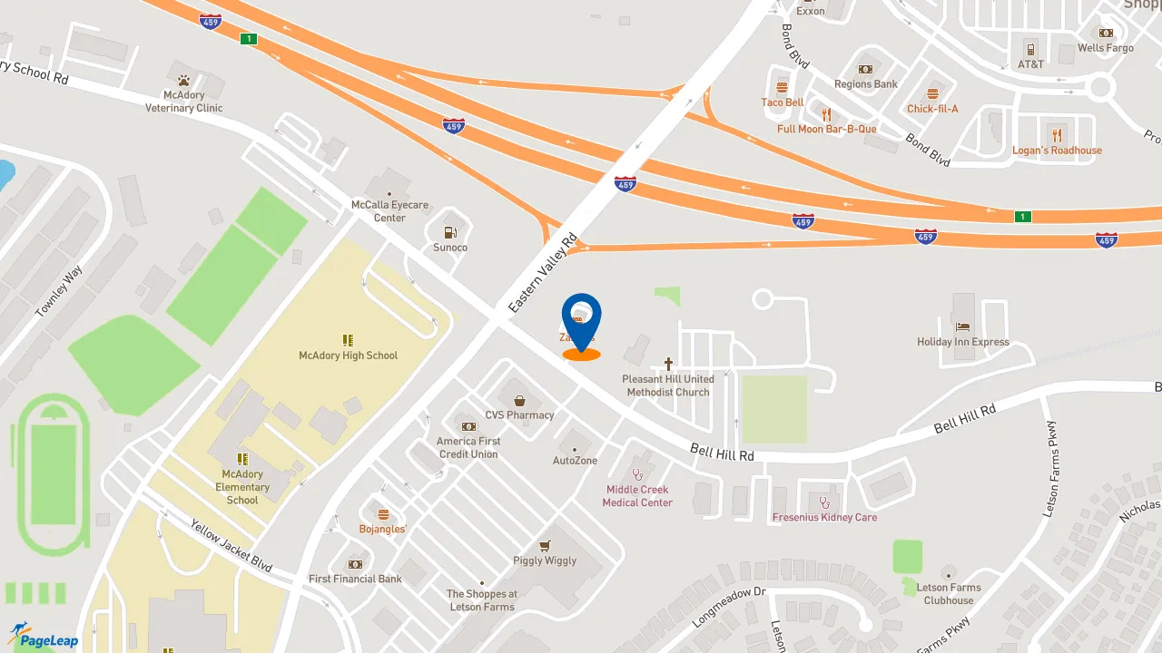 https://pageleap.com map showing location of Zaxby&#039;s Chicken Fingers &amp; Buffalo Wings in Bessemer.