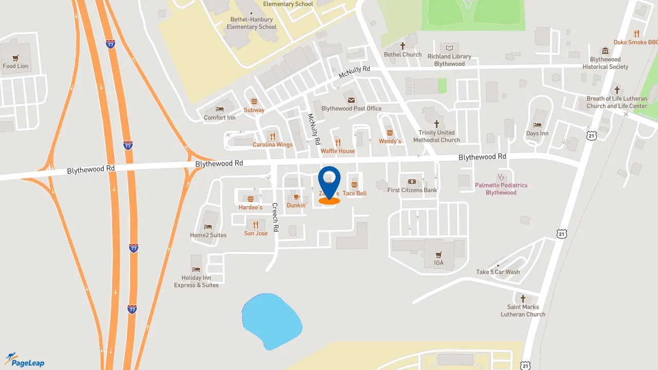 https://pageleap.com map showing location of Zaxby&#039;s Chicken Fingers &amp; Buffalo Wings in Blythewood.
