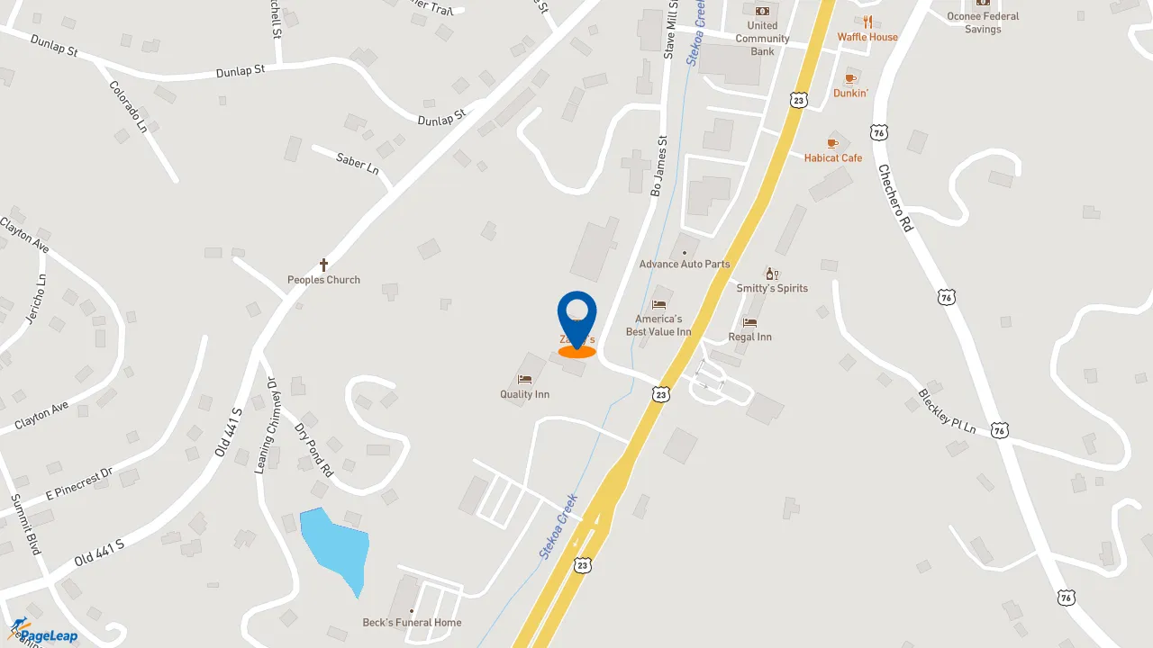 https://pageleap.com map showing location of Zaxby&#039;s Chicken Fingers &amp; Buffalo Wings in Clayton.