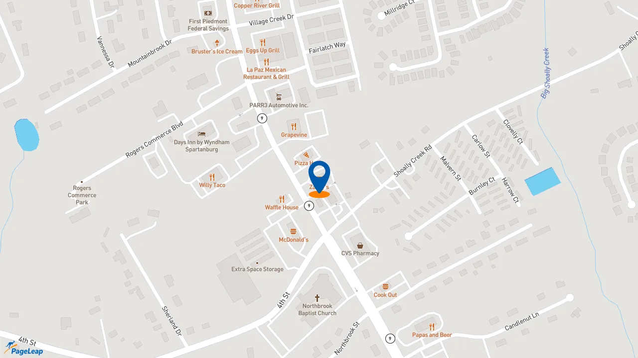 https://pageleap.com map showing location of Zaxby&#039;s Chicken Fingers &amp; Buffalo Wings in Boiling Springs.