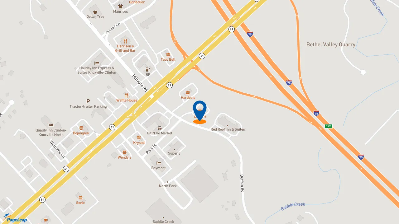 https://pageleap.com map showing location of Zaxby&#039;s Chicken Fingers &amp; Buffalo Wings in Clinton.