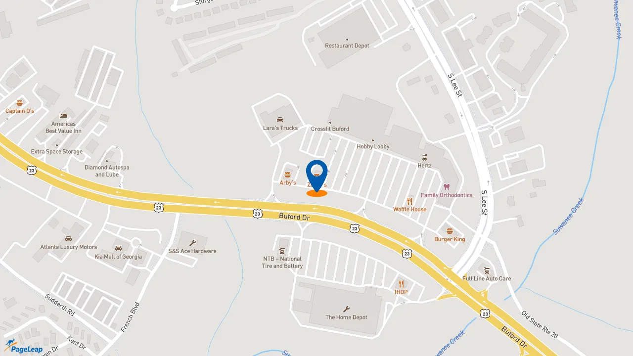 https://pageleap.com map showing location of Zaxby&#039;s Chicken Fingers &amp; Buffalo Wings in Buford.