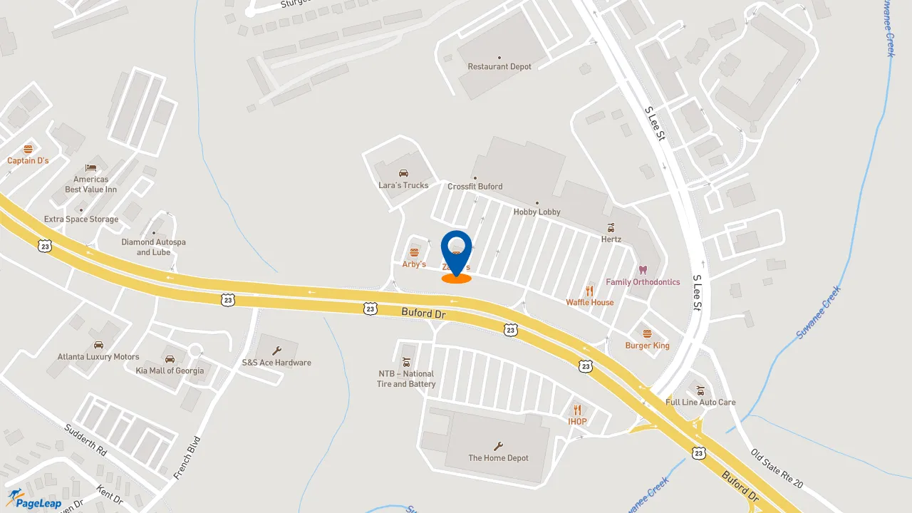 https://pageleap.com map showing location of Zaxby&#039;s Chicken Fingers &amp; Buffalo Wings in Buford.