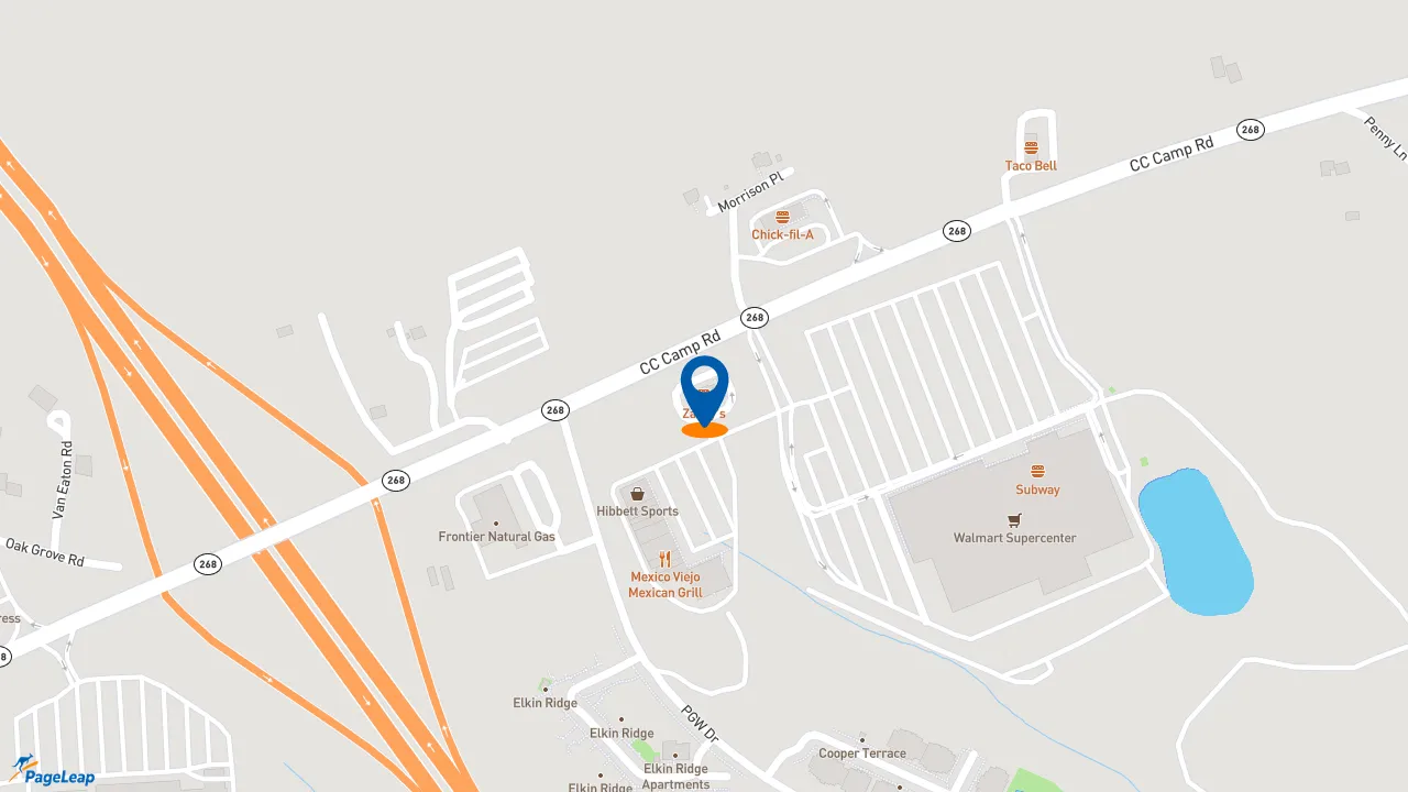 https://pageleap.com map showing location of Zaxby&#039;s Chicken Fingers &amp; Buffalo Wings in Elkin.