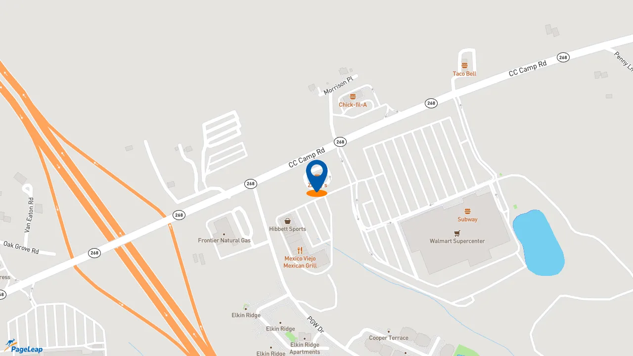 https://pageleap.com map showing location of Zaxby&#039;s Chicken Fingers &amp; Buffalo Wings in Elkin.