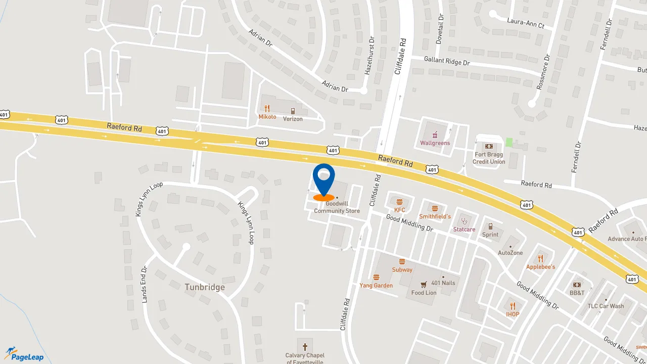 https://pageleap.com map showing location of Zaxby&#039;s Chicken Fingers &amp; Buffalo Wings in Fayetteville.