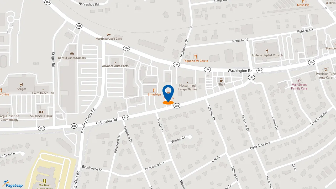 https://pageleap.com map showing location of Zaxby&#039;s Chicken Fingers &amp; Buffalo Wings in Martinez.