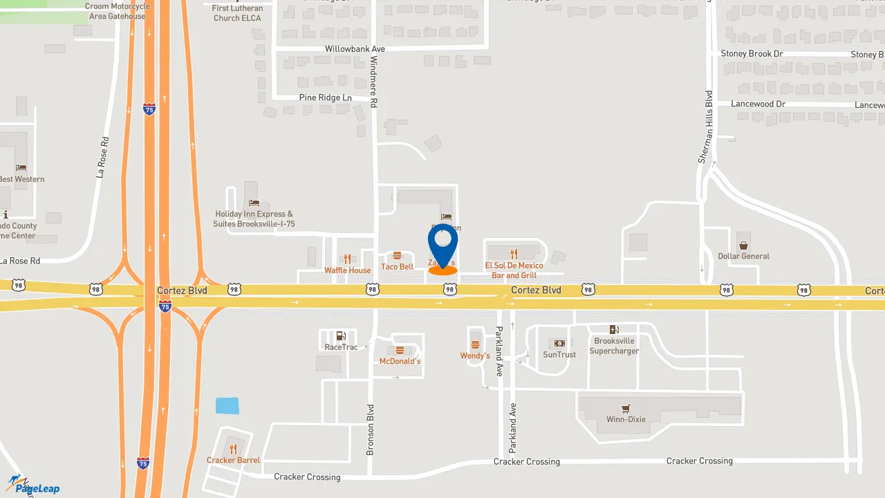 https://pageleap.com map showing location of Zaxby&#039;s Chicken Fingers &amp; Buffalo Wings in Brooksville.