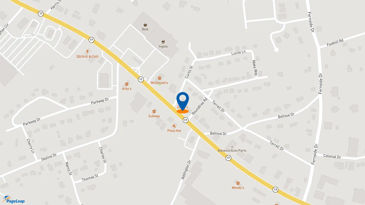 https://pageleap.com map showing location of Zaxby&#039;s Chicken Fingers &amp; Buffalo Wings in Toccoa.