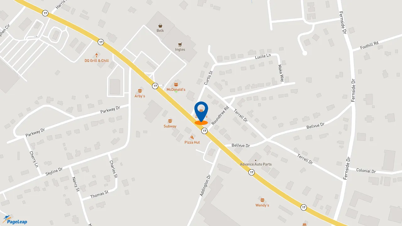 https://pageleap.com map showing location of Zaxby&#039;s Chicken Fingers &amp; Buffalo Wings in Toccoa.