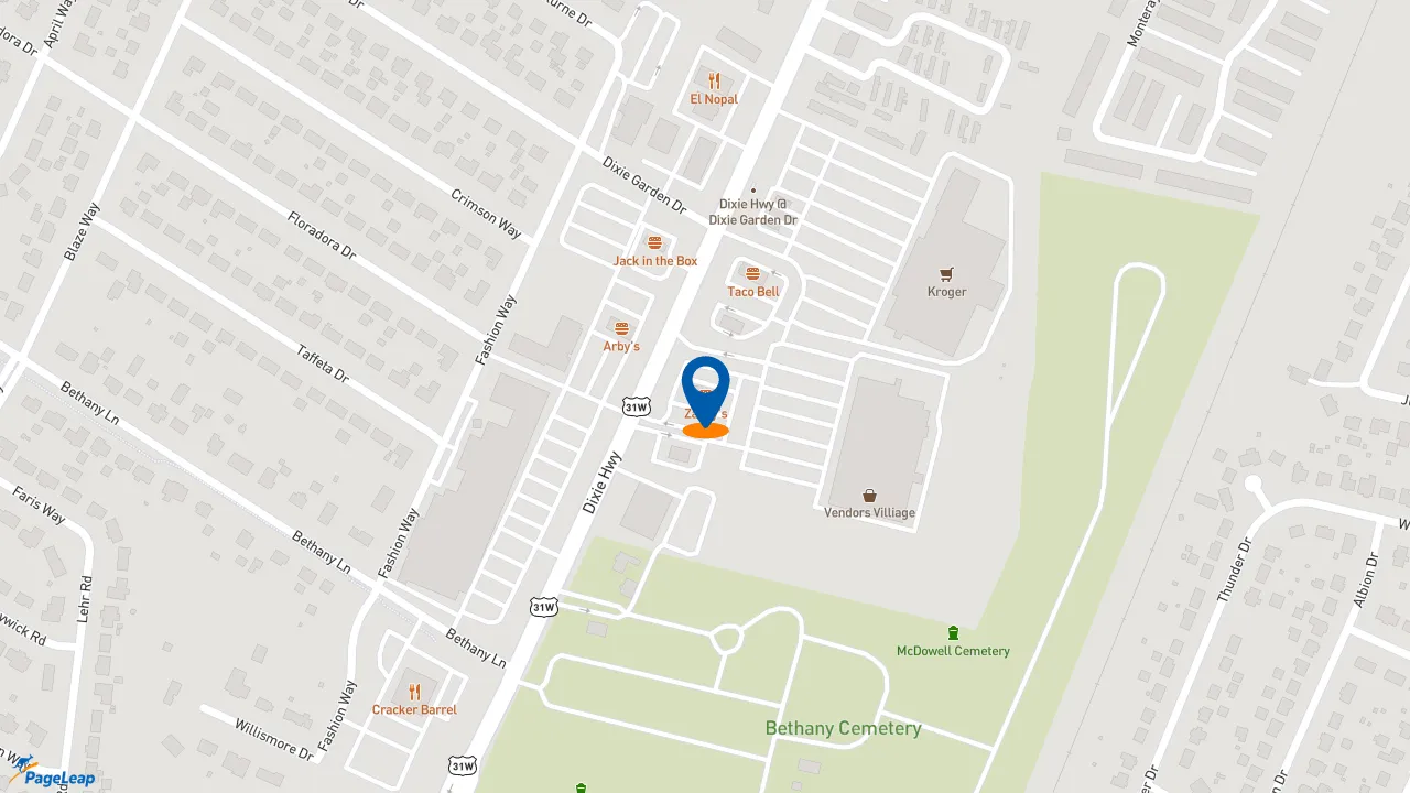 https://pageleap.com map showing location of Zaxby&#039;s Chicken Fingers &amp; Buffalo Wings in Louisville.