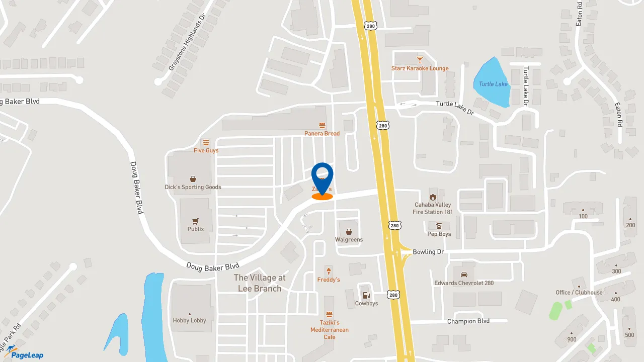 https://pageleap.com map showing location of Zaxby&#039;s Chicken Fingers &amp; Buffalo Wings in Birmingham.