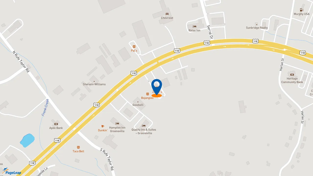https://pageleap.com map showing location of Zaxby&#039;s Chicken Fingers &amp; Buffalo Wings in Greeneville.