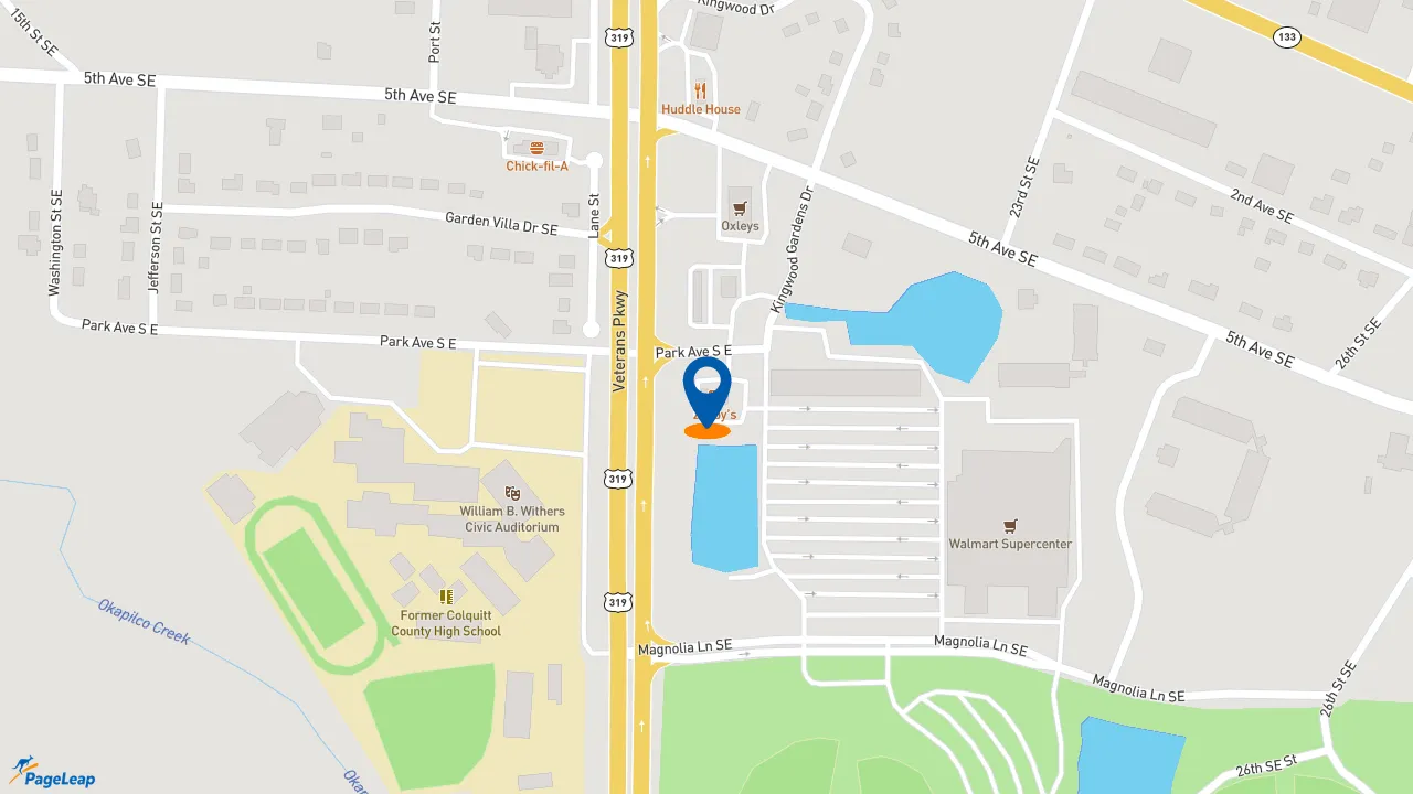 https://pageleap.com map showing location of Zaxby&#039;s Chicken Fingers &amp; Buffalo Wings in Moultrie.