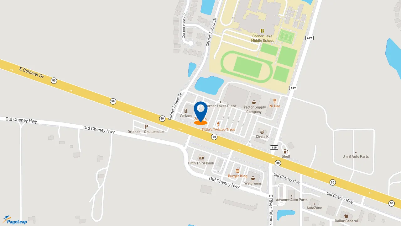 https://pageleap.com map showing location of Zaxby&#039;s Chicken Fingers &amp; Buffalo Wings in Orlando.