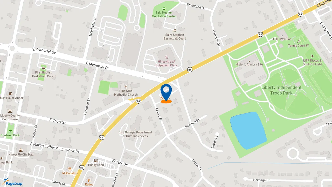 https://pageleap.com map showing location of Zaxby&#039;s Chicken Fingers &amp; Buffalo Wings in Hinesville.