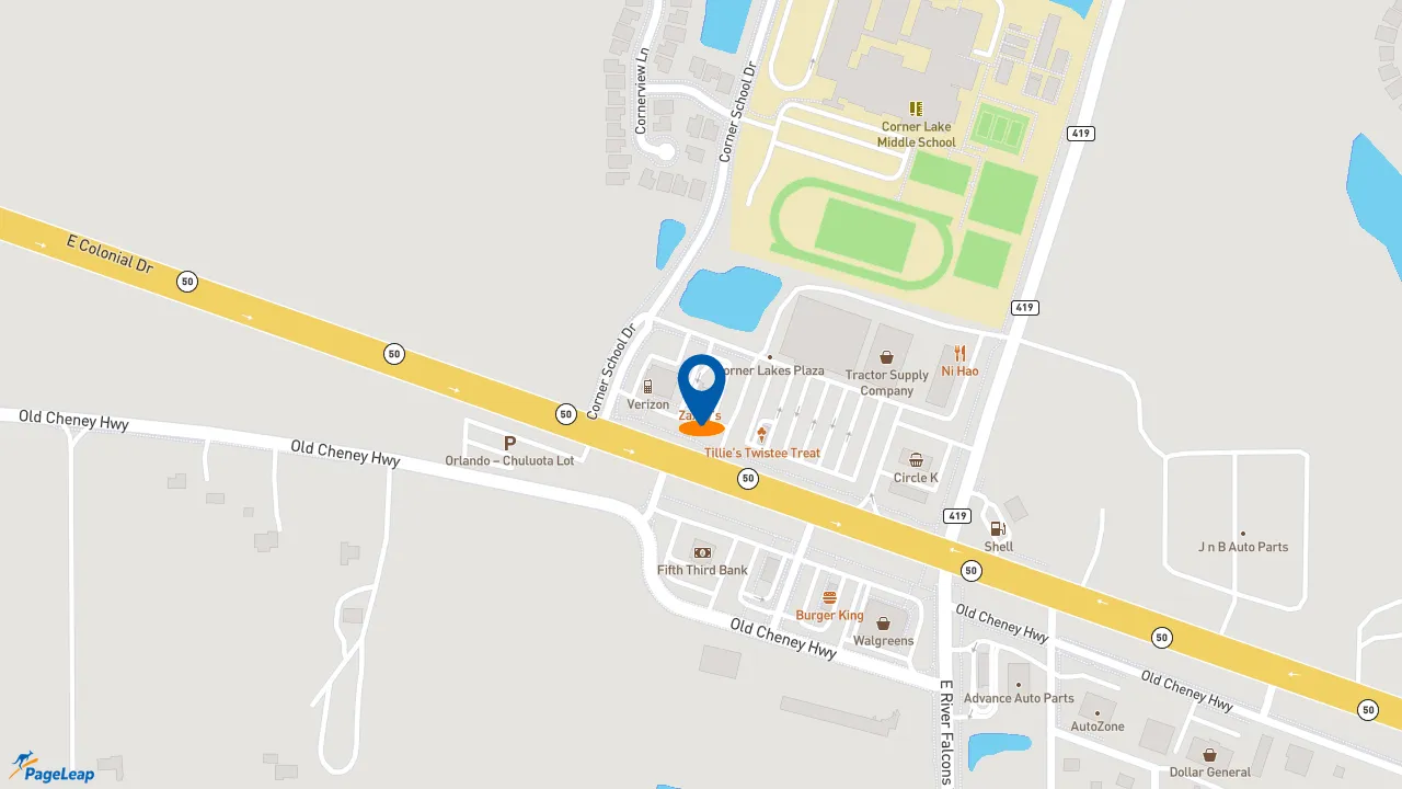 https://pageleap.com map showing location of Zaxby&#039;s Chicken Fingers &amp; Buffalo Wings in Orlando.