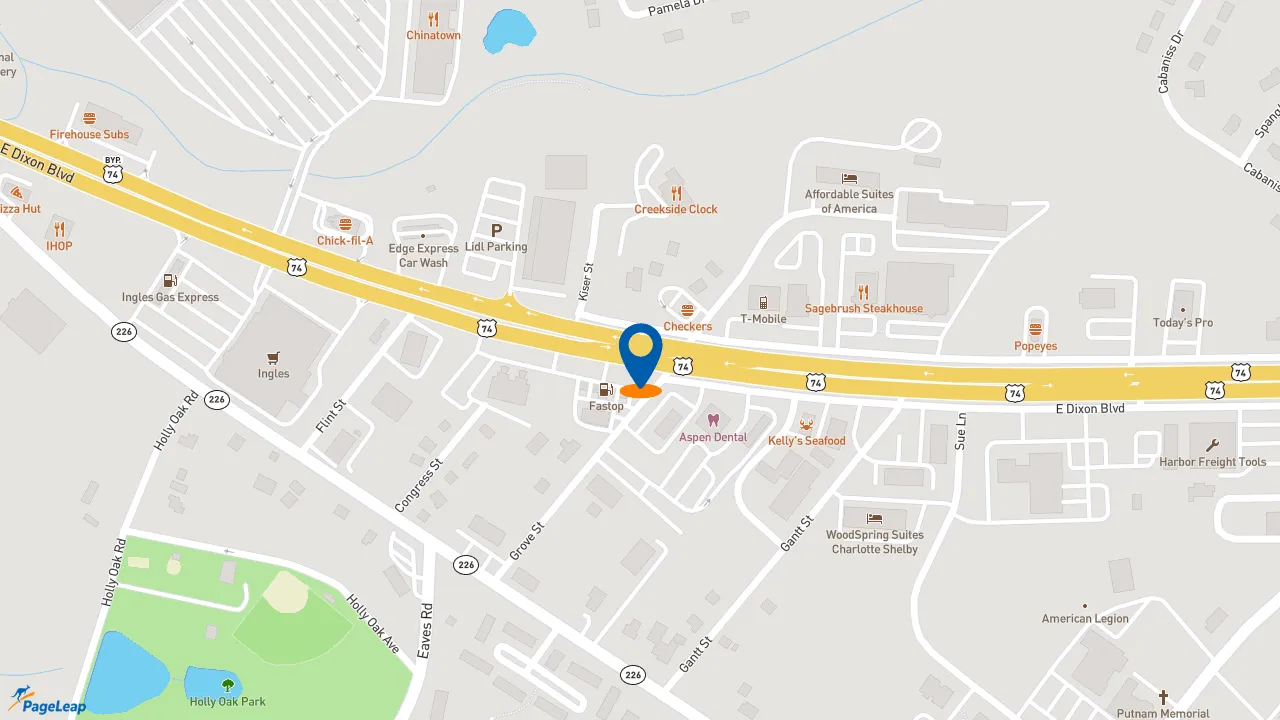 https://pageleap.com map showing location of Zaxby&#039;s Chicken Fingers &amp; Buffalo Wings in Shelby.