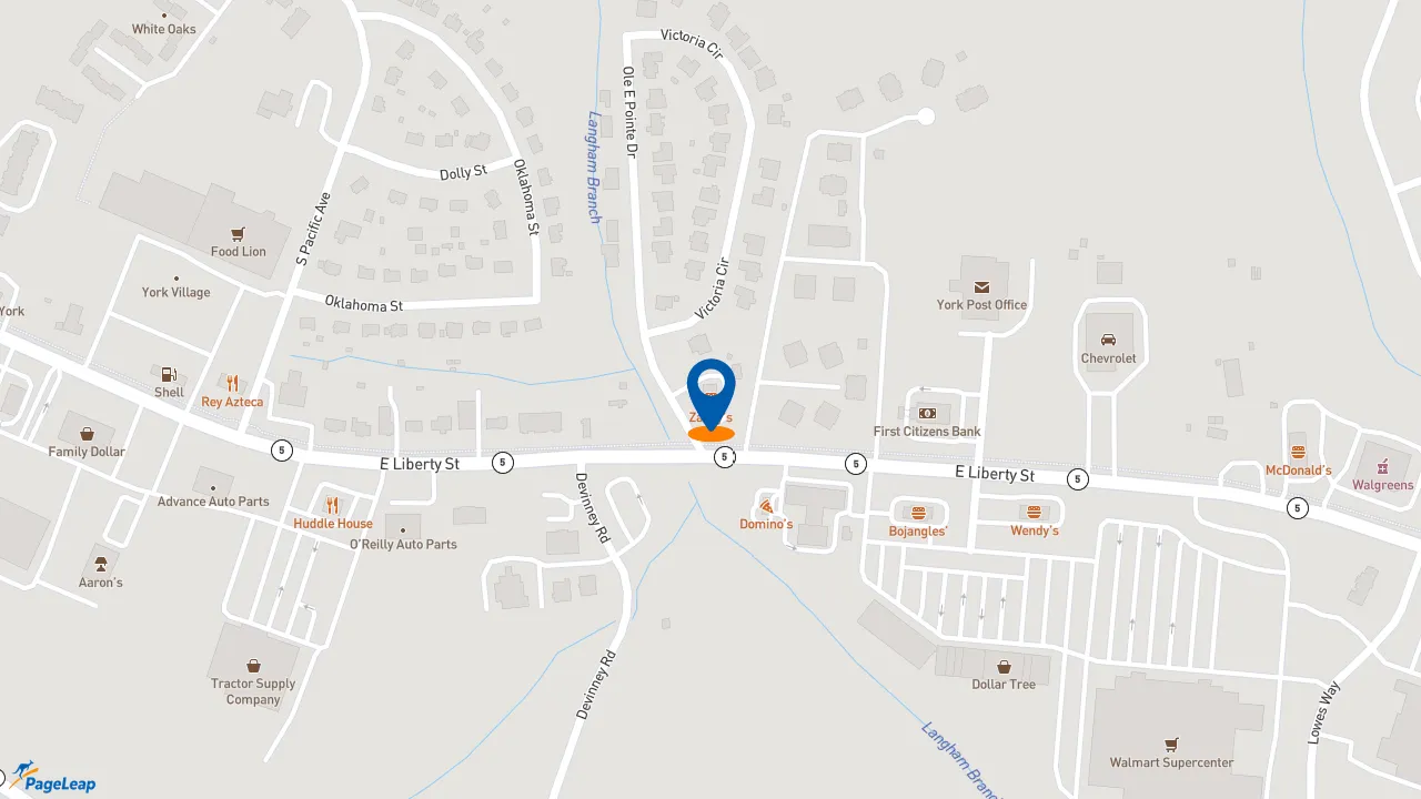 https://pageleap.com map showing location of Zaxby&#039;s Chicken Fingers &amp; Buffalo Wings in York.