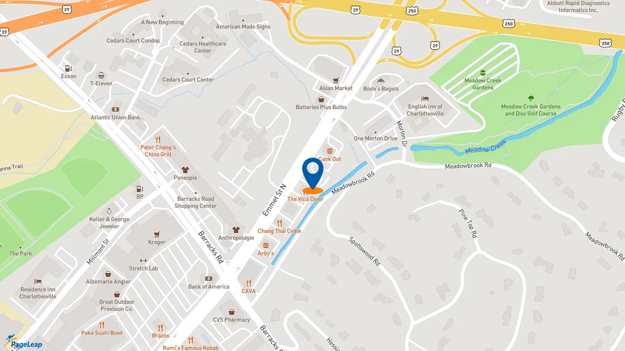 https://pageleap.com map showing location of Zaxby&#039;s Chicken Fingers &amp; Buffalo Wings in Charlottesville.