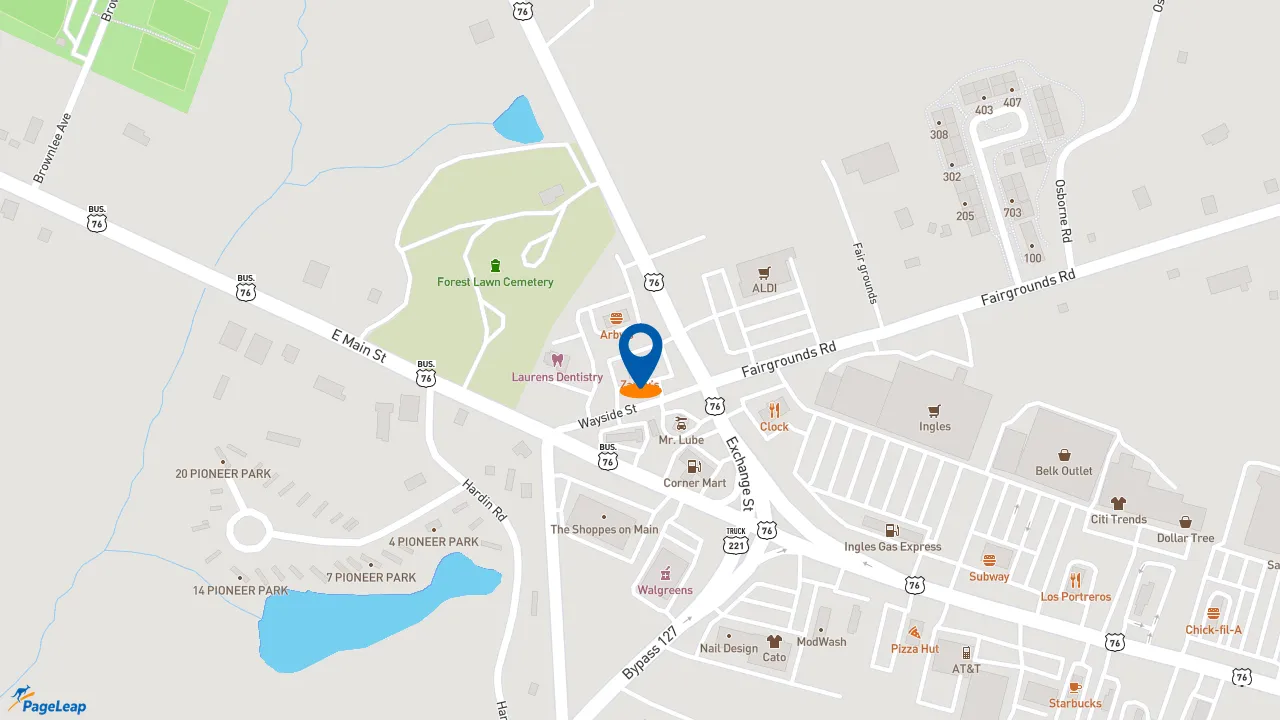 https://pageleap.com map showing location of Zaxby&#039;s Chicken Fingers &amp; Buffalo Wings in Laurens.