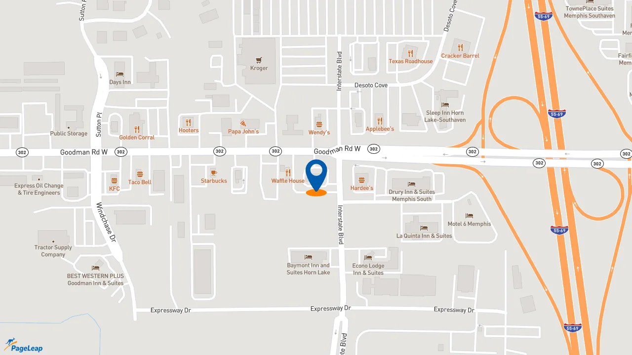https://pageleap.com map showing location of Zaxby&#039;s Chicken Fingers &amp; Buffalo Wings in Horn Lake.